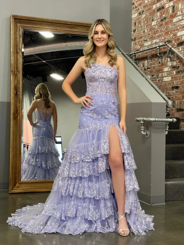 Andrea |Sheath One Shoulder Tiered Lace Long Prom Dress sold by KissProm