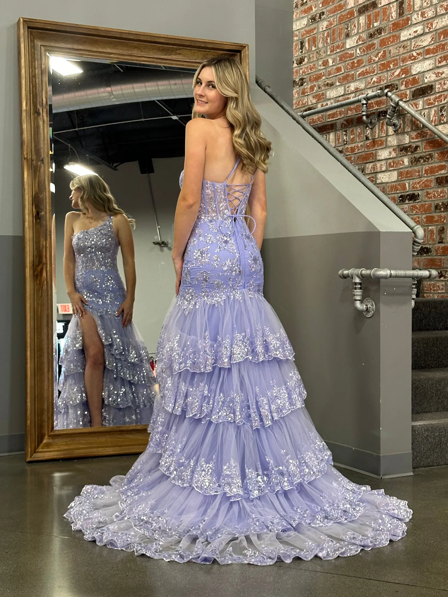 Andrea |Sheath One Shoulder Tiered Lace Long Prom Dress sold by KissProm product image thumbnail 4