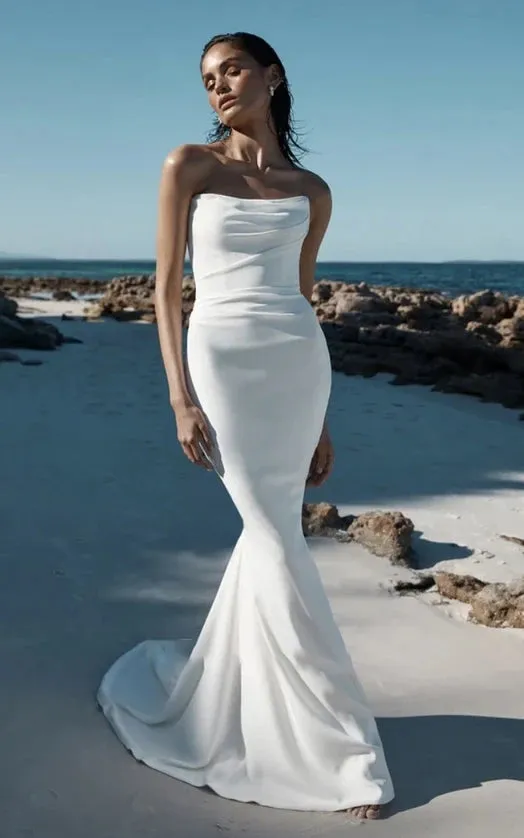 Gioia | Sexy Elegant Beach Mermaid Sleeveless Satin Modern Western Solid White Button Back Floor Length Wedding Dress sold by KissProm