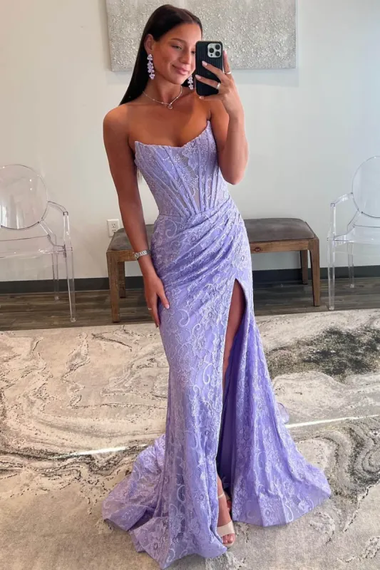 Mandy | Lavender Strapless Lace Ruched Mermaid Prom Dress with Slit sold by KissProm