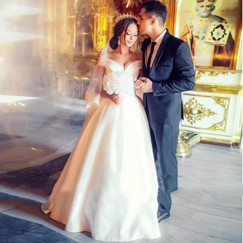 A-Line Satin Sweep Train White Wedding Dress with Sleeveless sold by KissProm