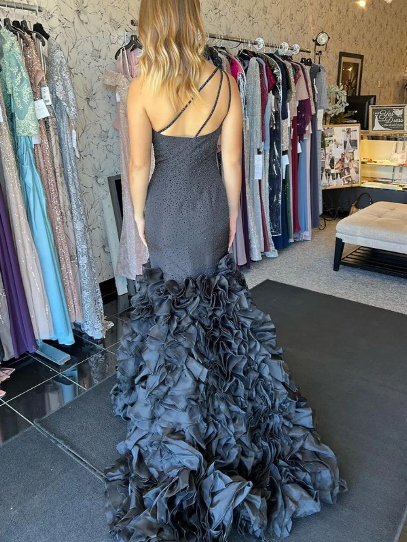 Mermaid Black One Shoulder Tiered Seqins Long Prom Dress sold by KissProm product image thumbnail 2