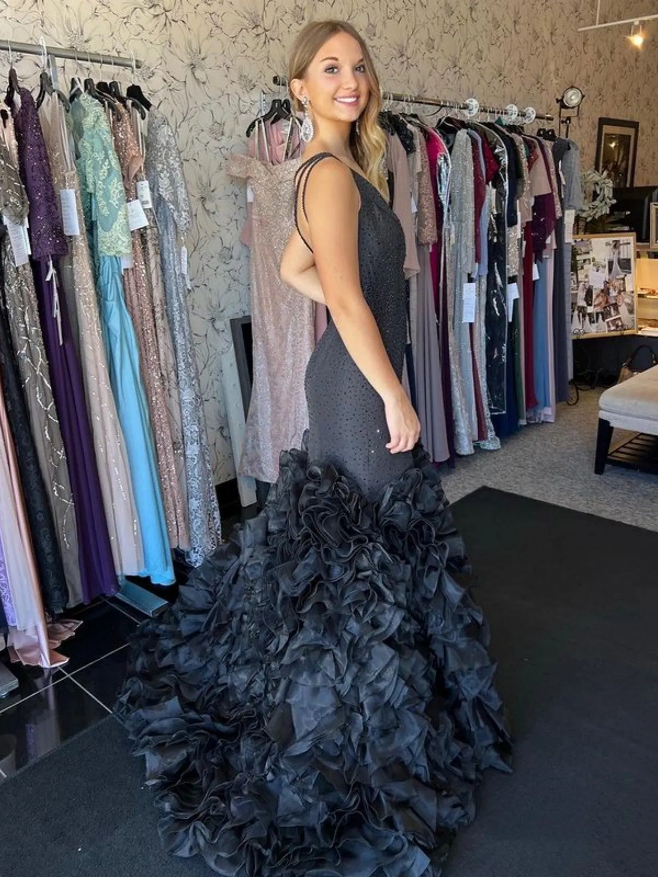 Mermaid Black One Shoulder Tiered Seqins Long Prom Dress sold by KissProm product image thumbnail 3