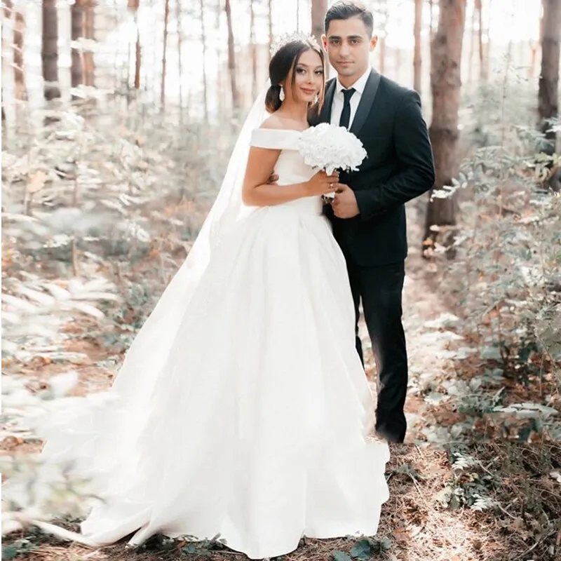 A-Line Satin Sweep Train White Wedding Dress with Sleeveless sold by KissProm product image thumbnail 3