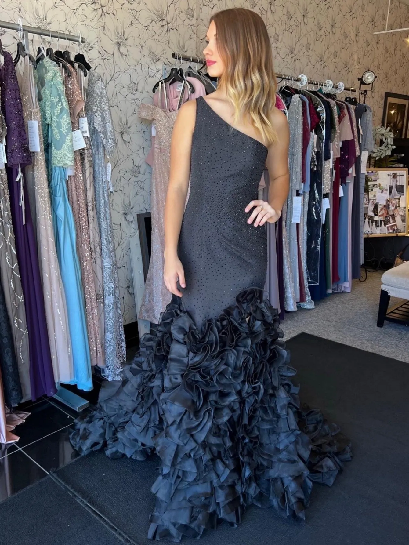 Mermaid Black One Shoulder Tiered Seqins Long Prom Dress sold by KissProm