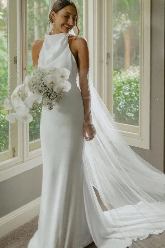 Hessie | Elegant Mermaid White Halter Satin Wedding Dresses sold by KissProm