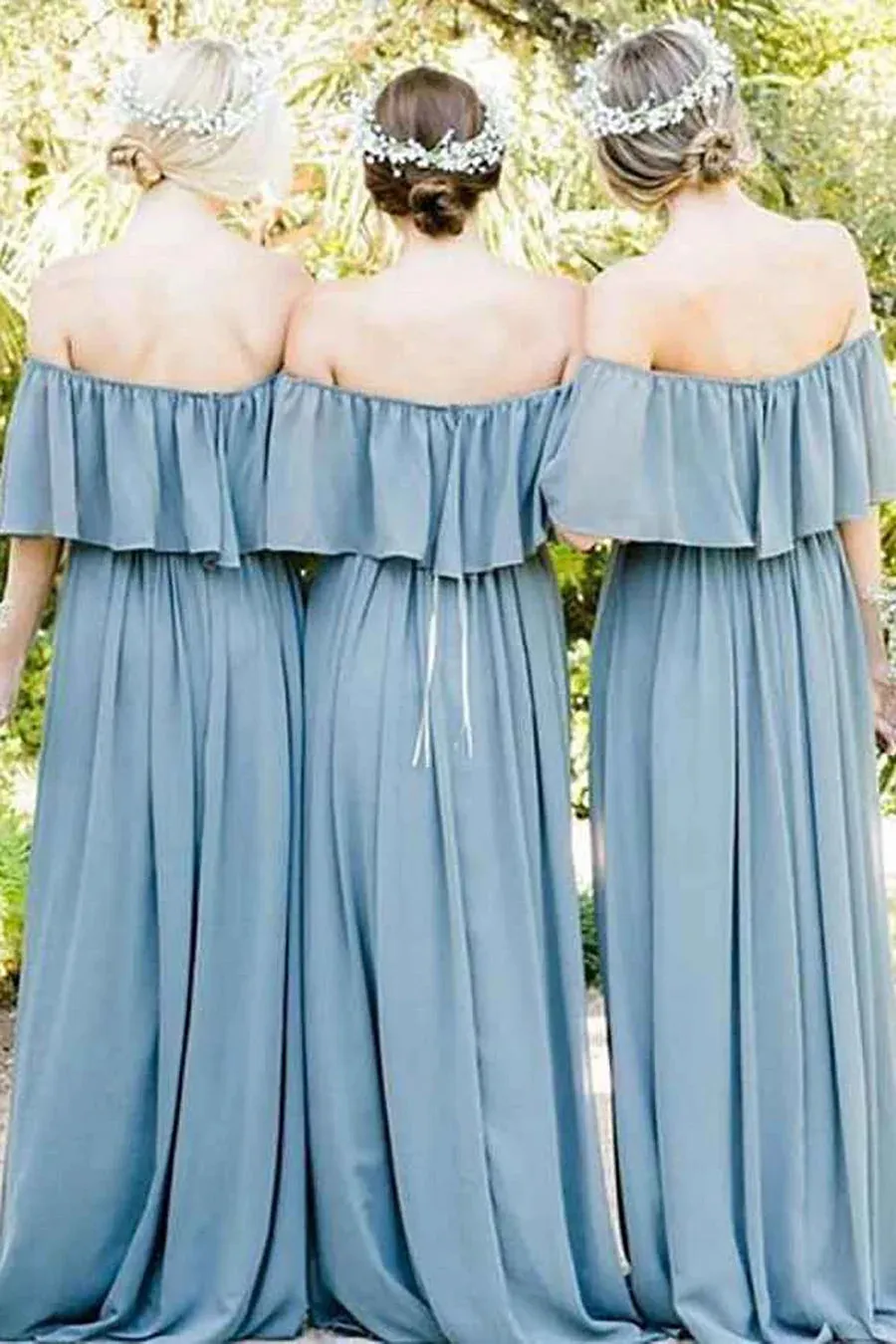 Dusty Blue A-Line Off the Shoulder Long Chiffon Boho Bridesmaid Dress sold by KissProm product image thumbnail 2