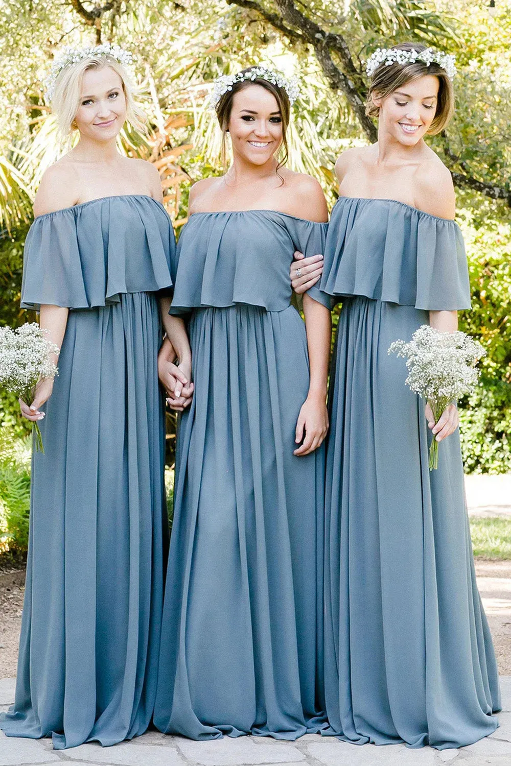 Dusty Blue A-Line Off the Shoulder Long Chiffon Boho Bridesmaid Dress sold by KissProm