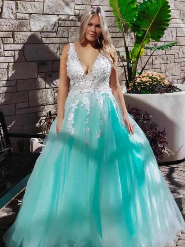 Turquoise Lace Applique Ball Gown Long Ball Gowns Quinceanera Dress sold by KissProm