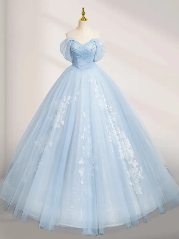 A-Line Tulle Lace Blue Long Prom Dress Off Shoulder Sky Blue Dress sold by KissProm