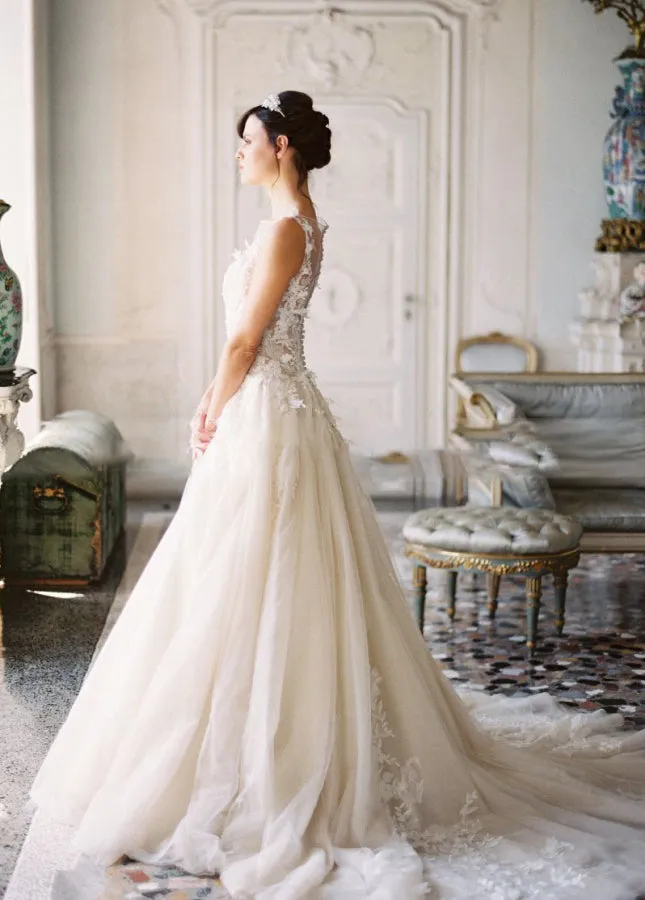 A-line Tulle Lace Appliques Princess Covered-Button Wedding Gown sold by KissProm product image thumbnail 5