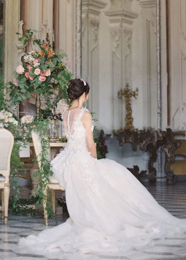 A-line Tulle Lace Appliques Princess Covered-Button Wedding Gown sold by KissProm product image thumbnail 2