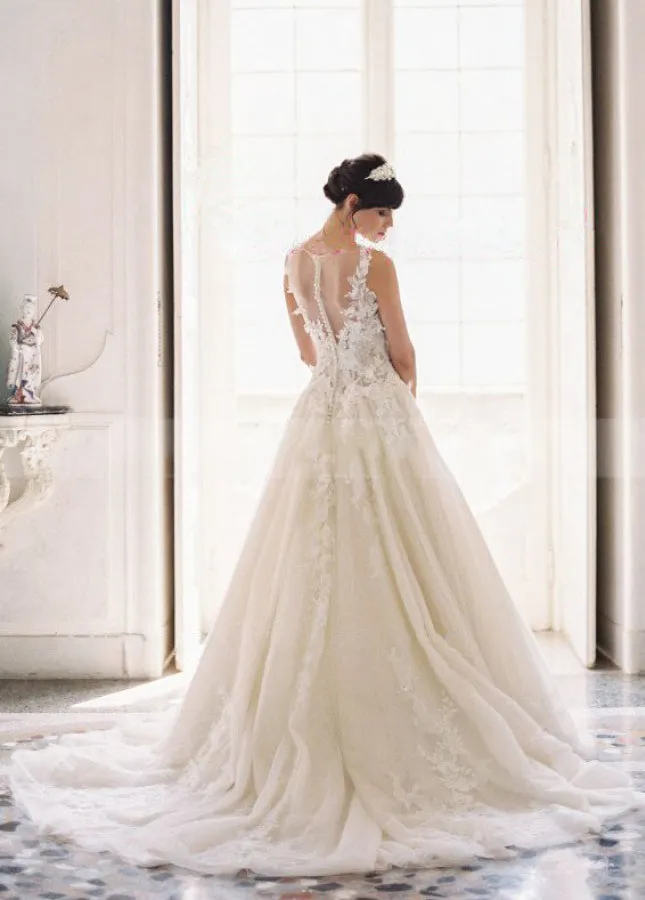 A-line Tulle Lace Appliques Princess Covered-Button Wedding Gown sold by KissProm product image thumbnail 4