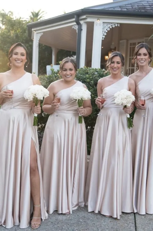 Light Pink One Shoulder A-line Satin Long Bridesmaid Dress with Slit sold by KissProm