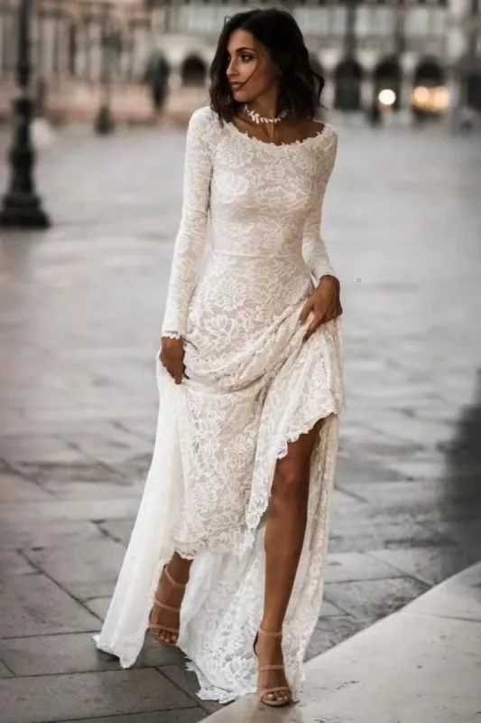 Jacolyn | Lace Full Sleeves Ivory Wedding Dresses with Sweep Train sold by KissProm