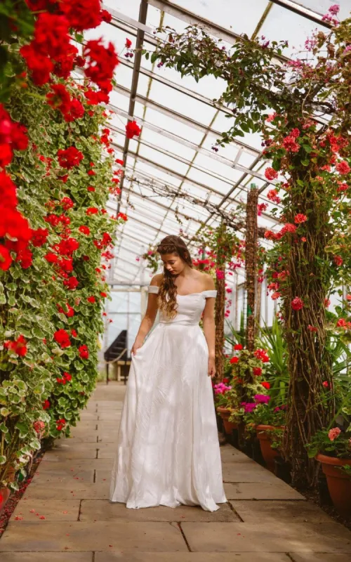 Off the Shoulder Sleeveless Simple White Satin Wedding Bamboo Style Dress sold by KissProm