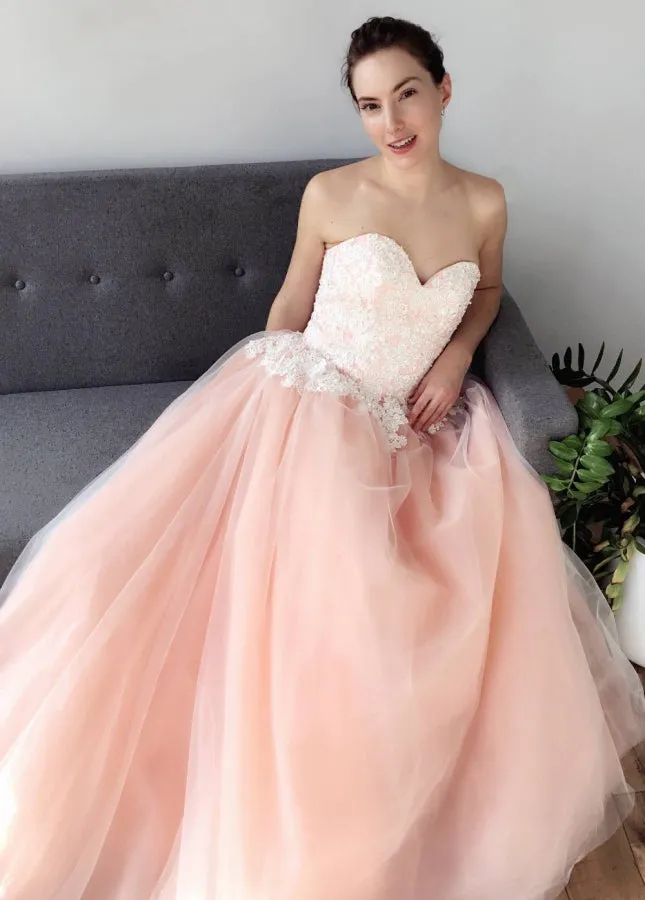 Blush Pink Sweetheart A-Line Tulle Skirt Appliques Wedding Dresses sold by KissProm