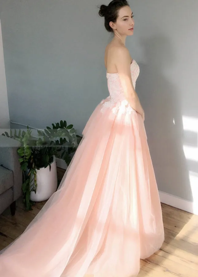 Blush Pink Sweetheart A-Line Tulle Skirt Appliques Wedding Dresses sold by KissProm product image thumbnail 3