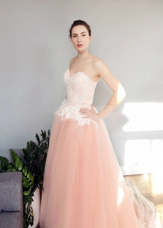 Blush Pink Sweetheart A-Line Tulle Skirt Appliques Wedding Dresses sold by KissProm product image thumbnail 2