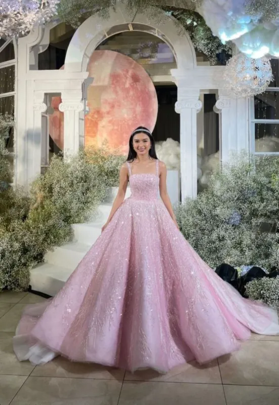 Pink Straps Sequin Beaded Long Ball Gown Quinceanera Dresses sold by KissProm