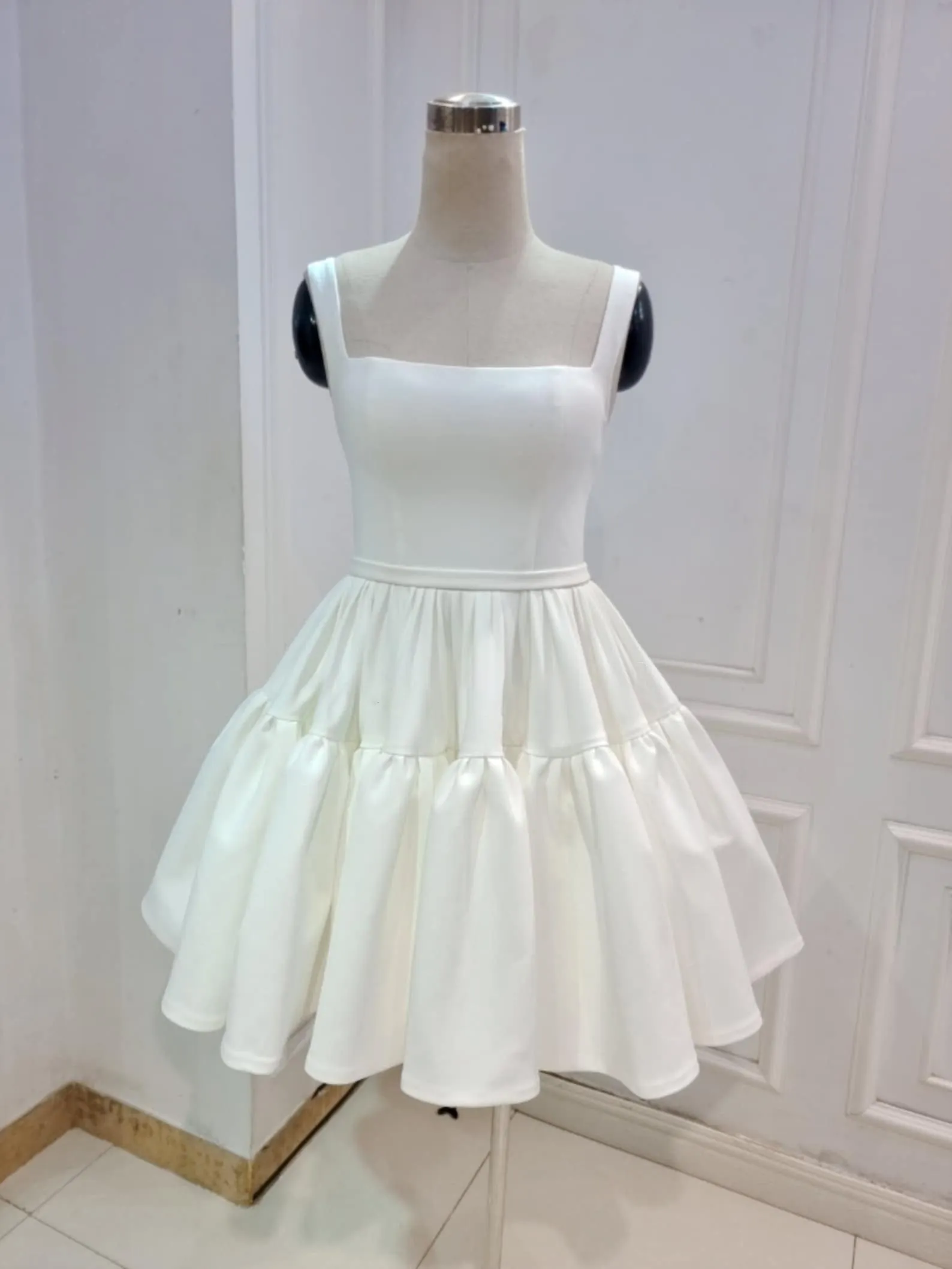 Quillan | A-Line Boat-Neck Mini-Length Sleeveless Satin Pleats Wedding Dress sold by KissProm