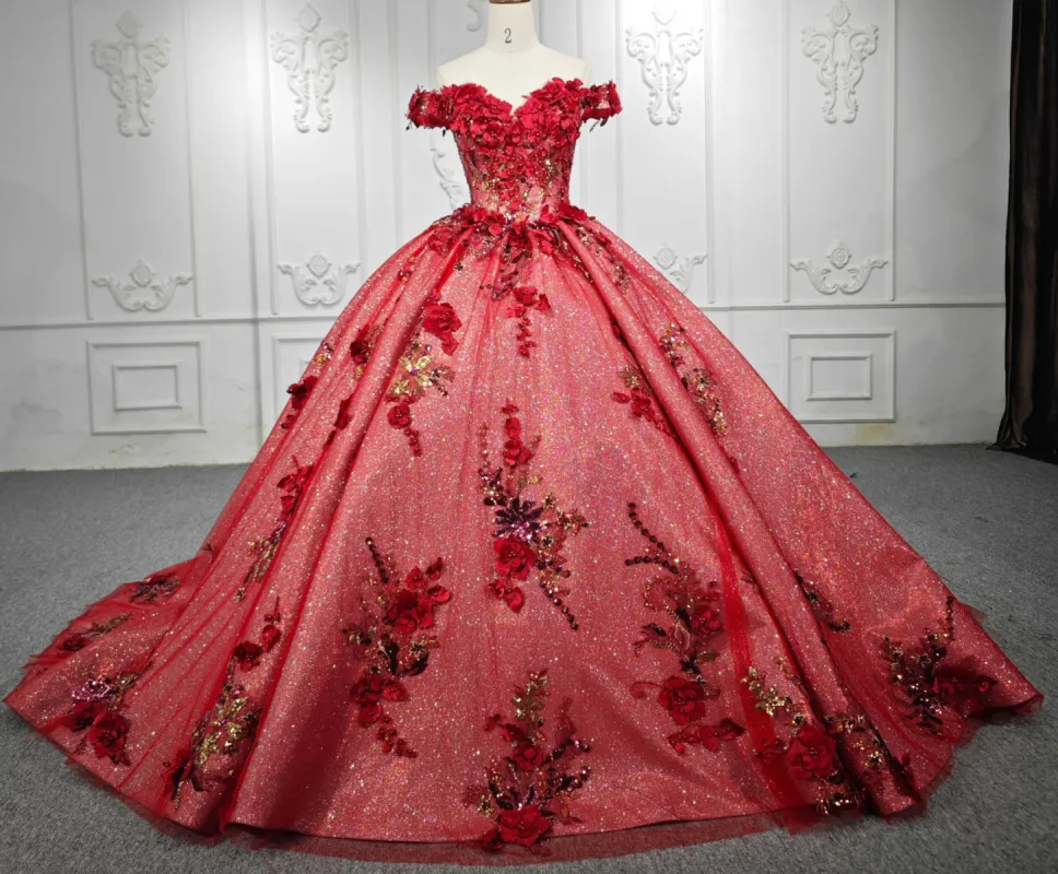 Red Flower  Off-the-Shoulder Quinceañera Dress sold by KissProm