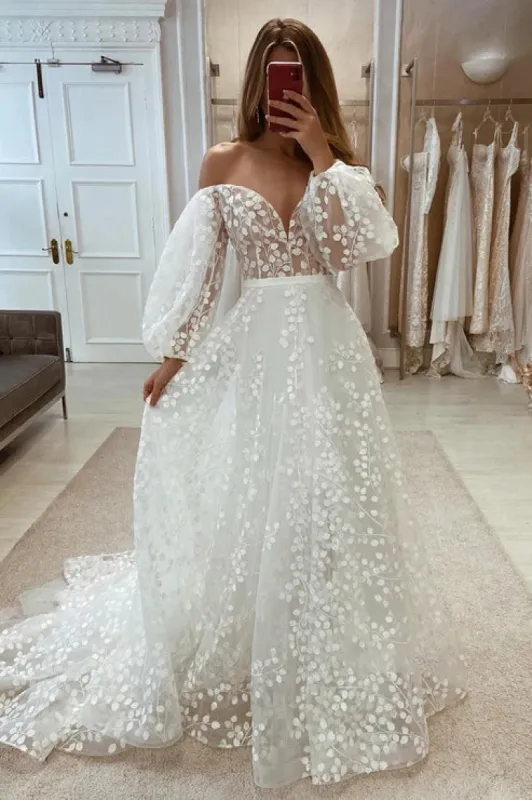 Plunging V-Neck Allover Lace Bohemian Wedding Dress with Sleeves sold by KissProm