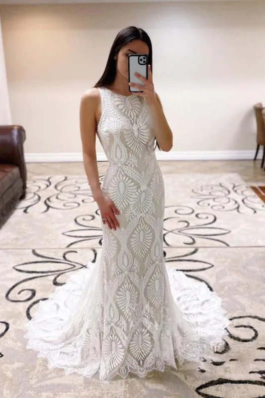 Mermaid Lace Wedding Dress open Back Bridal Dress With Court Train sold by KissProm