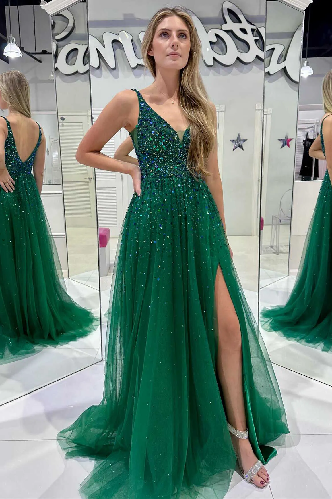 Raquel | V-Neck Hunter Green Beaded Tulle Prom Dress with Slit sold by KissProm