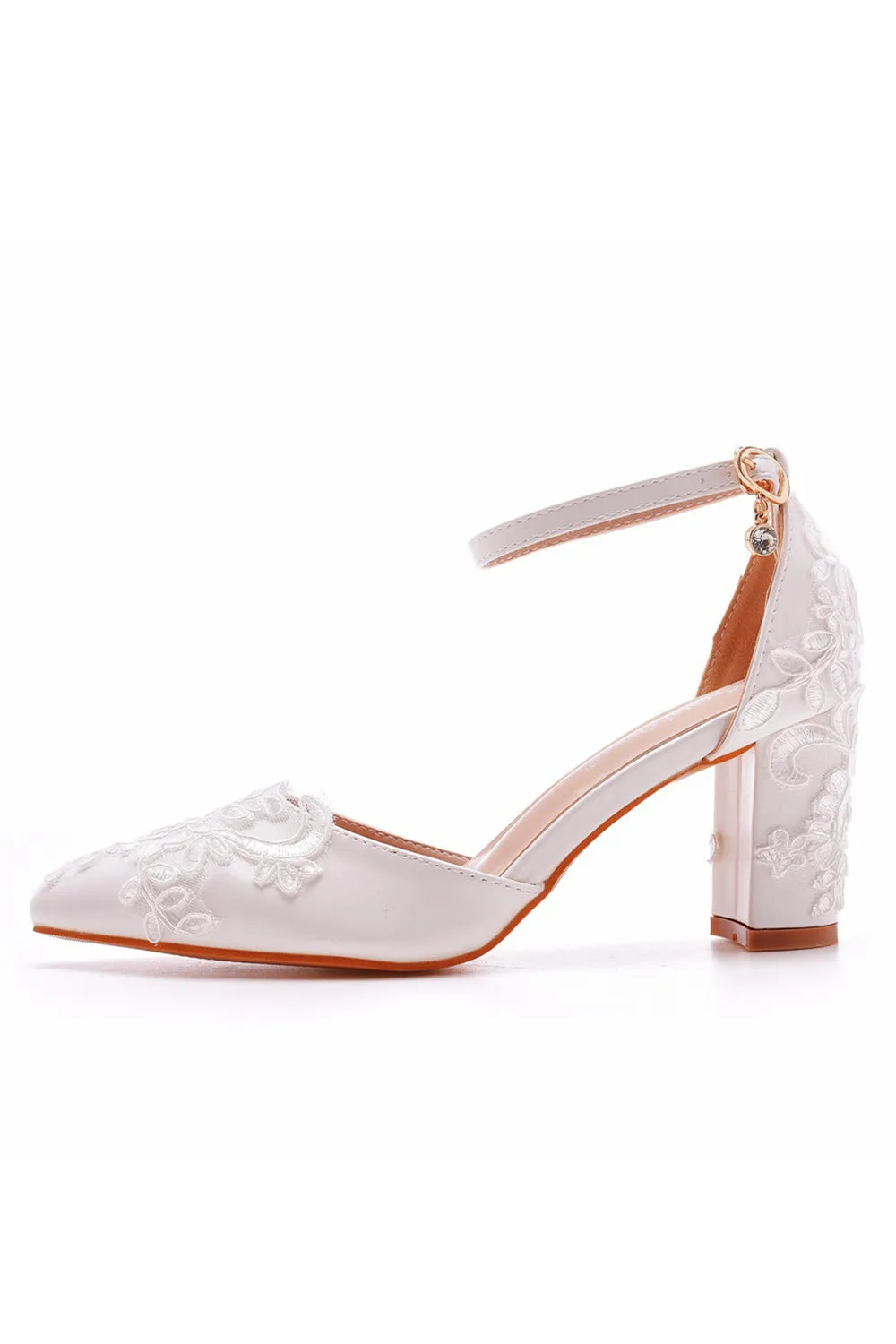 White Pointed Toe Lace Ankle Strap Chunky Heels sold by KissProm product image thumbnail 2
