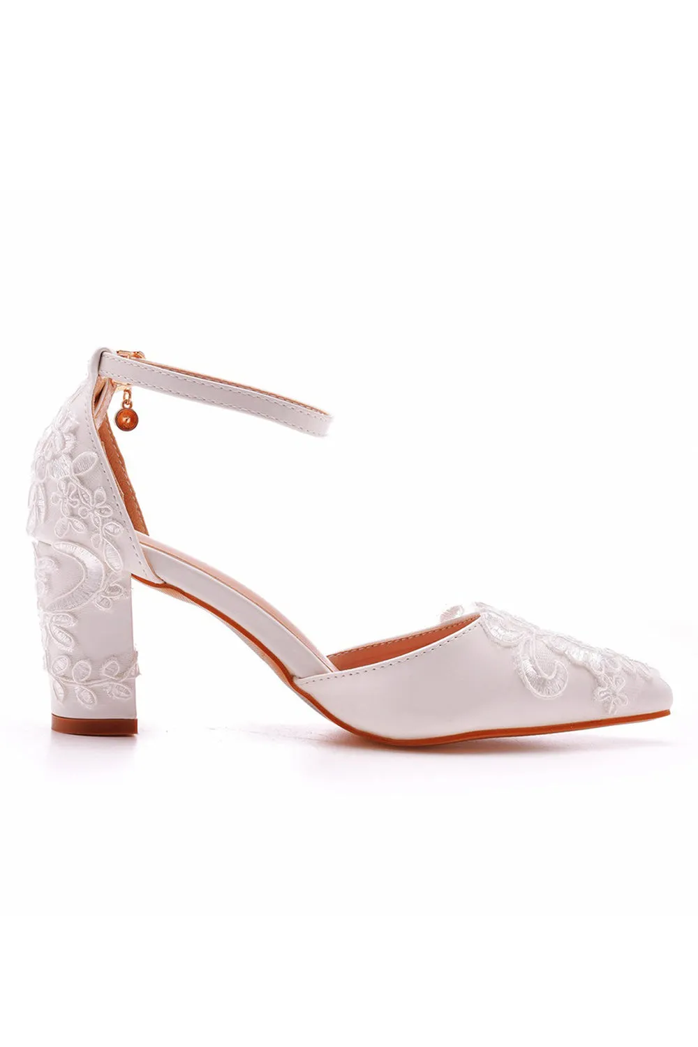 White Pointed Toe Lace Ankle Strap Chunky Heels sold by KissProm