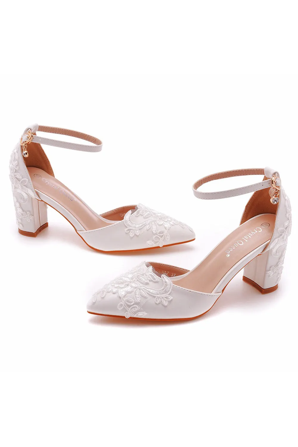 White Pointed Toe Lace Ankle Strap Chunky Heels sold by KissProm product image thumbnail 4