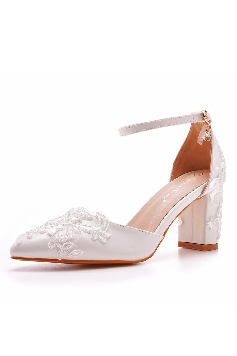 White Pointed Toe Lace Ankle Strap Chunky Heels sold by KissProm product image thumbnail 3