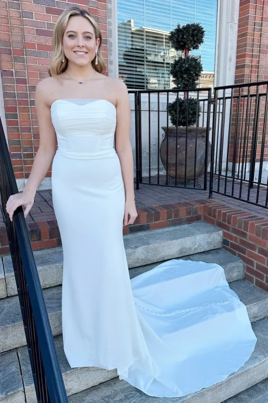 White Satin Strapless Mermaid Long Wedding Dress sold by KissProm