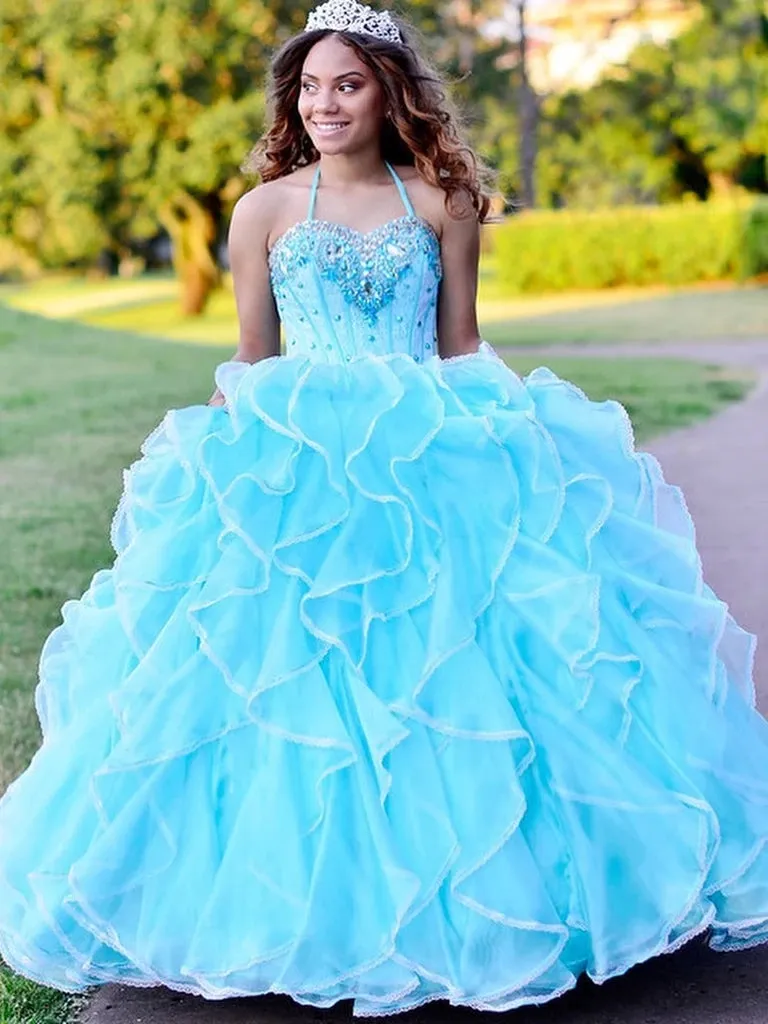 Halter Tulle Ball Gown Quinceanera Dresses With Rhinestones sold by KissProm