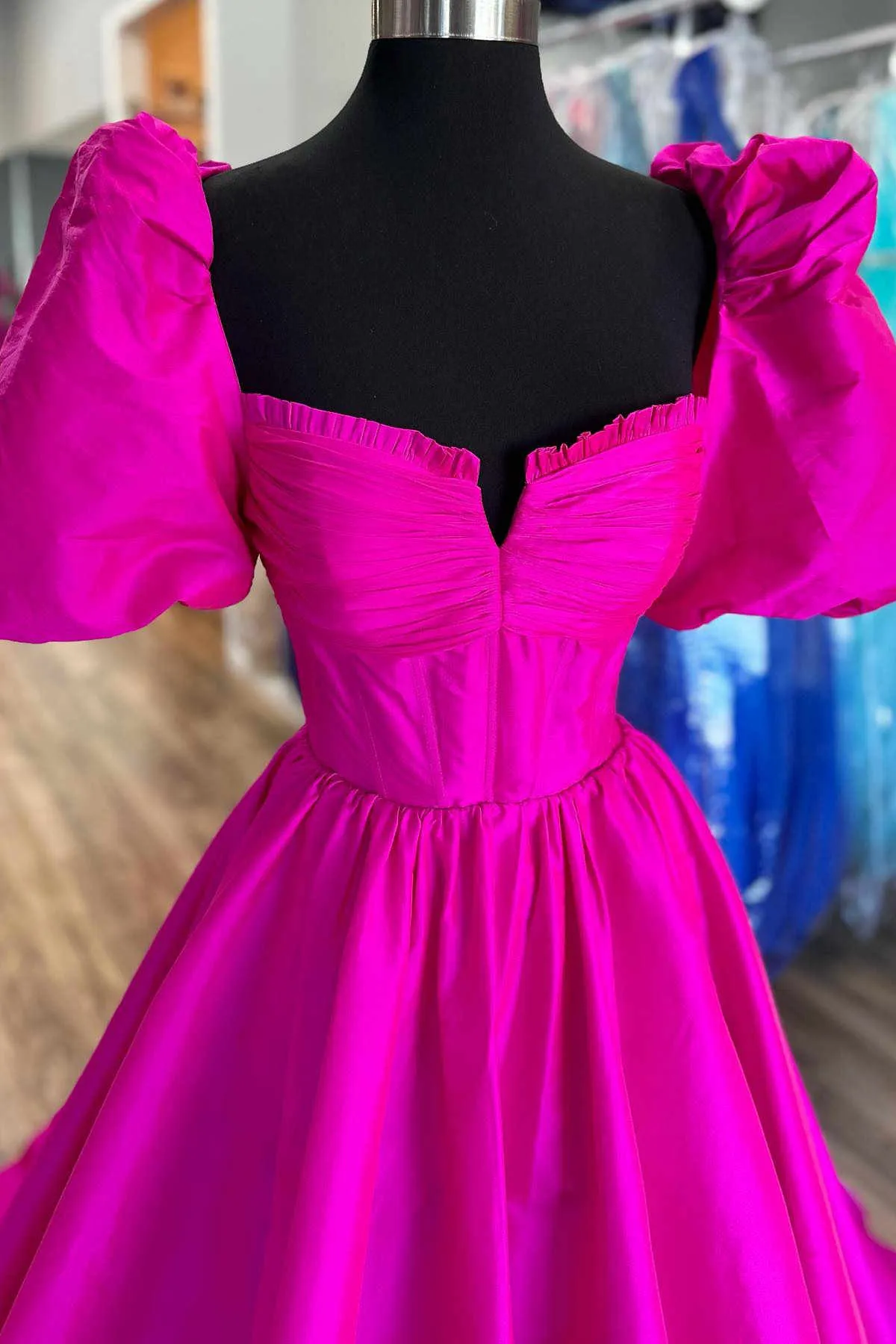Lynette | Square Neck Fuchsia Puff Sleeves A-Line Prom Dress sold by KissProm product image thumbnail 2