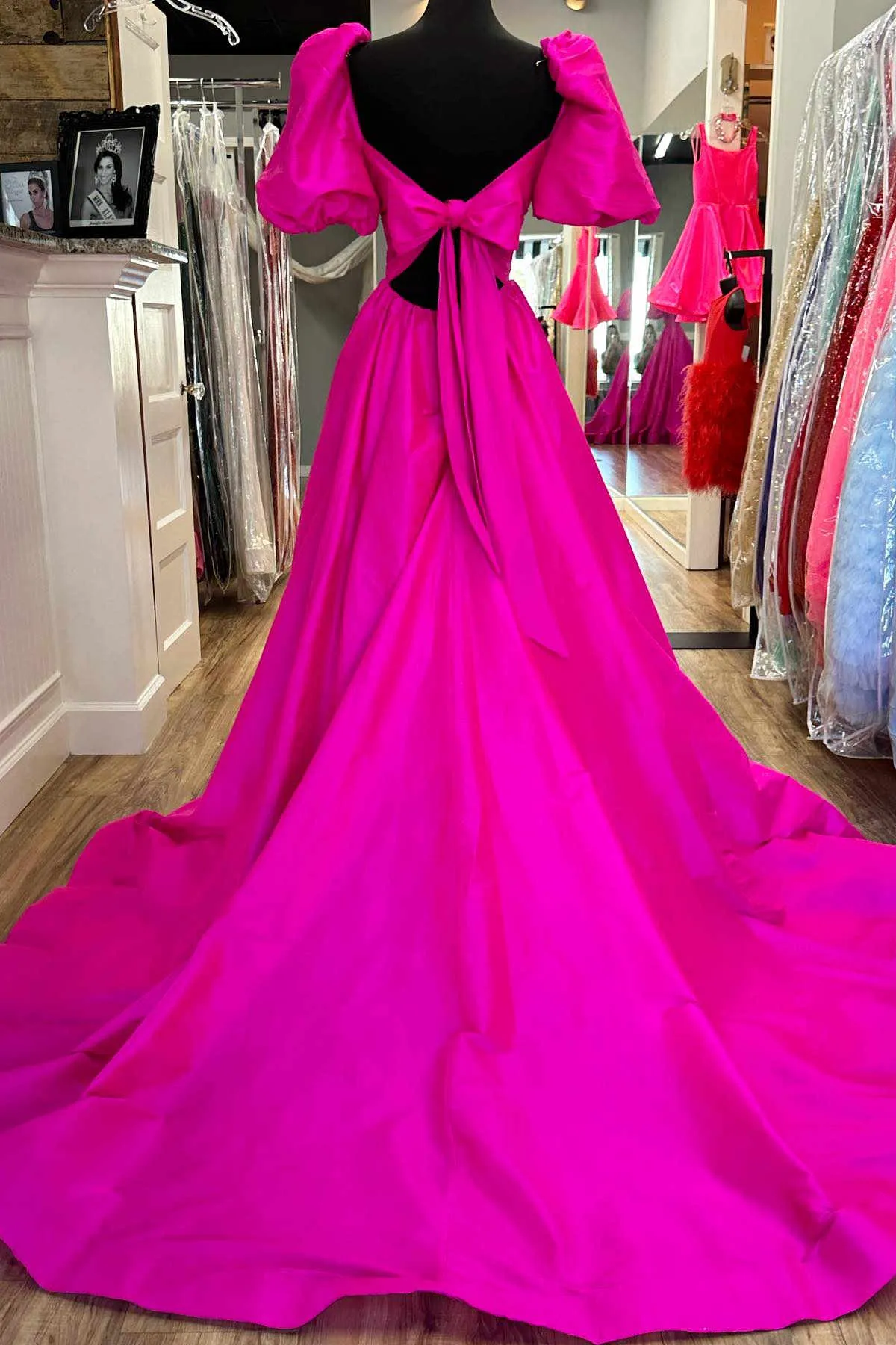 Lynette | Square Neck Fuchsia Puff Sleeves A-Line Prom Dress sold by KissProm product image thumbnail 3