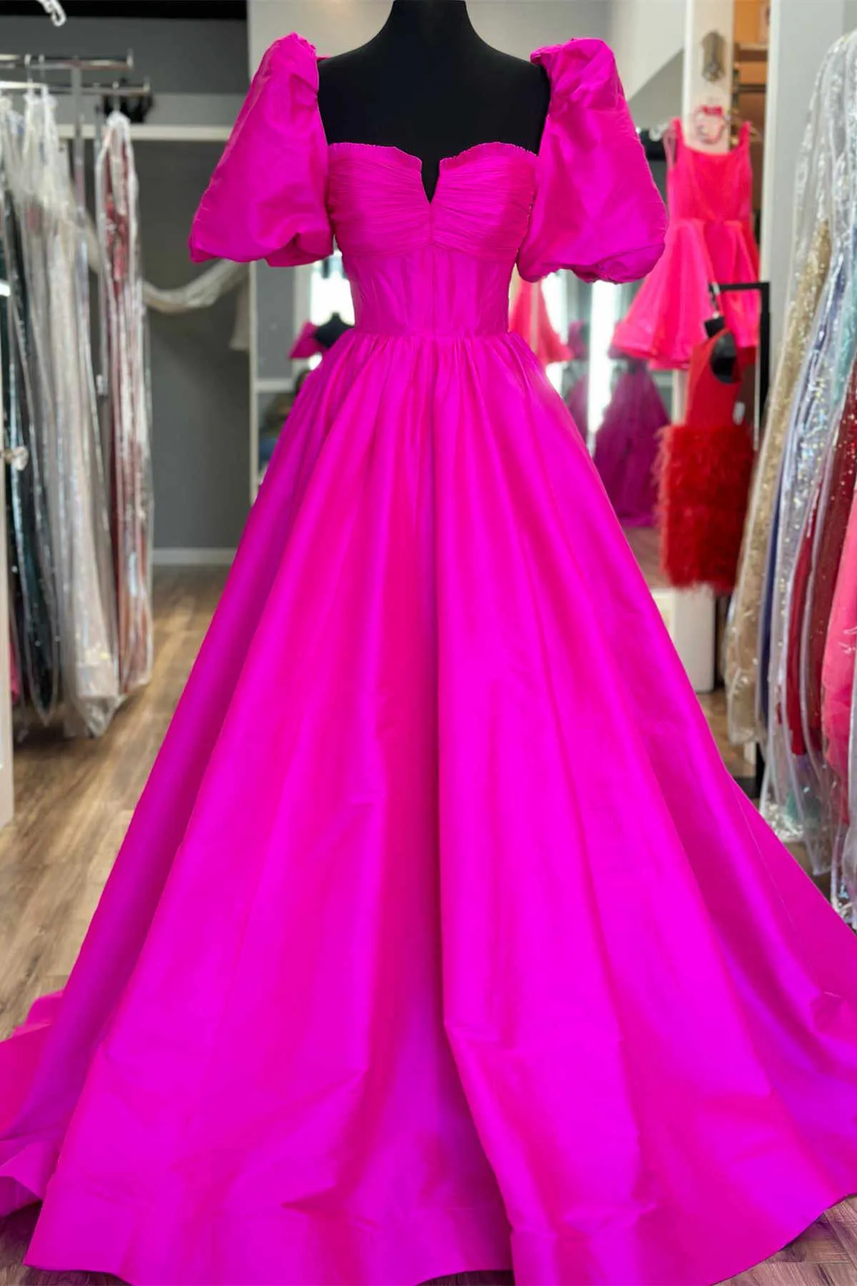Lynette | Square Neck Fuchsia Puff Sleeves A-Line Prom Dress sold by KissProm