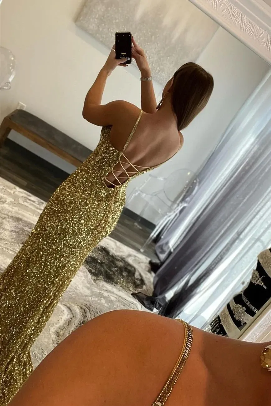 Arlene | Charming Mermaid V Nekc Gold Sequins Long Prom Dresses with Slit sold by KissProm product image thumbnail 2