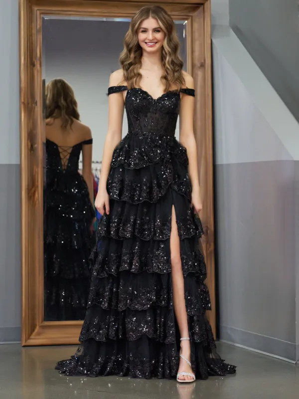 Black Princess A Line Off the Shoulder Corset Prom Dress with Lace Ruffles sold by KissProm