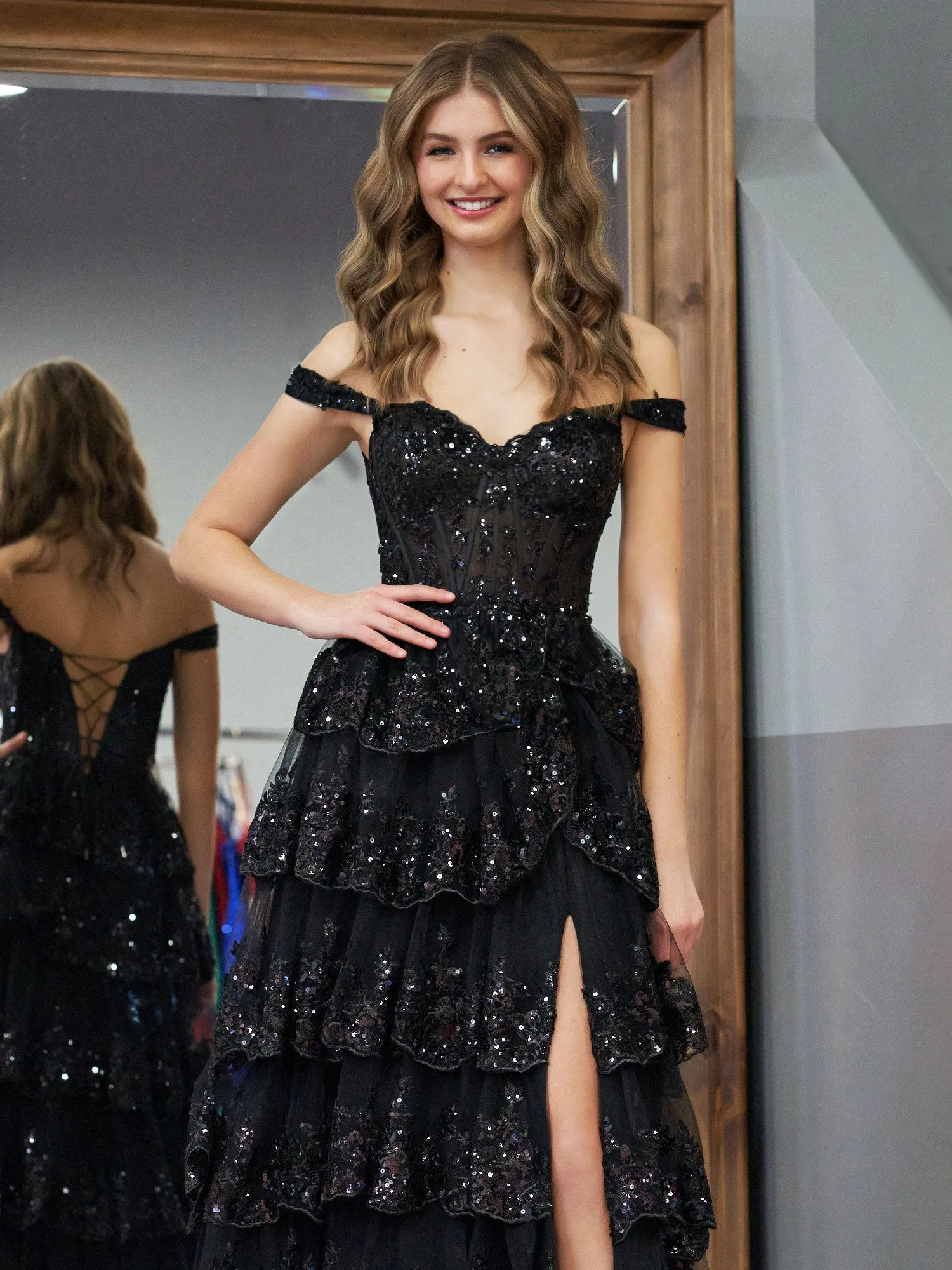 Black Princess A Line Off the Shoulder Corset Prom Dress with Lace Ruffles sold by KissProm product image thumbnail 3