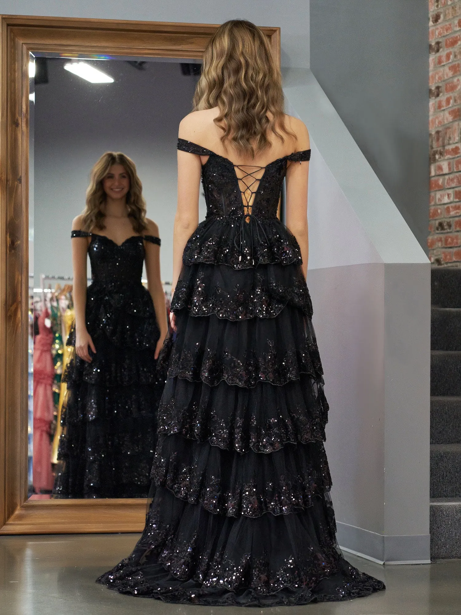 Black Princess A Line Off the Shoulder Corset Prom Dress with Lace Ruffles sold by KissProm product image thumbnail 4