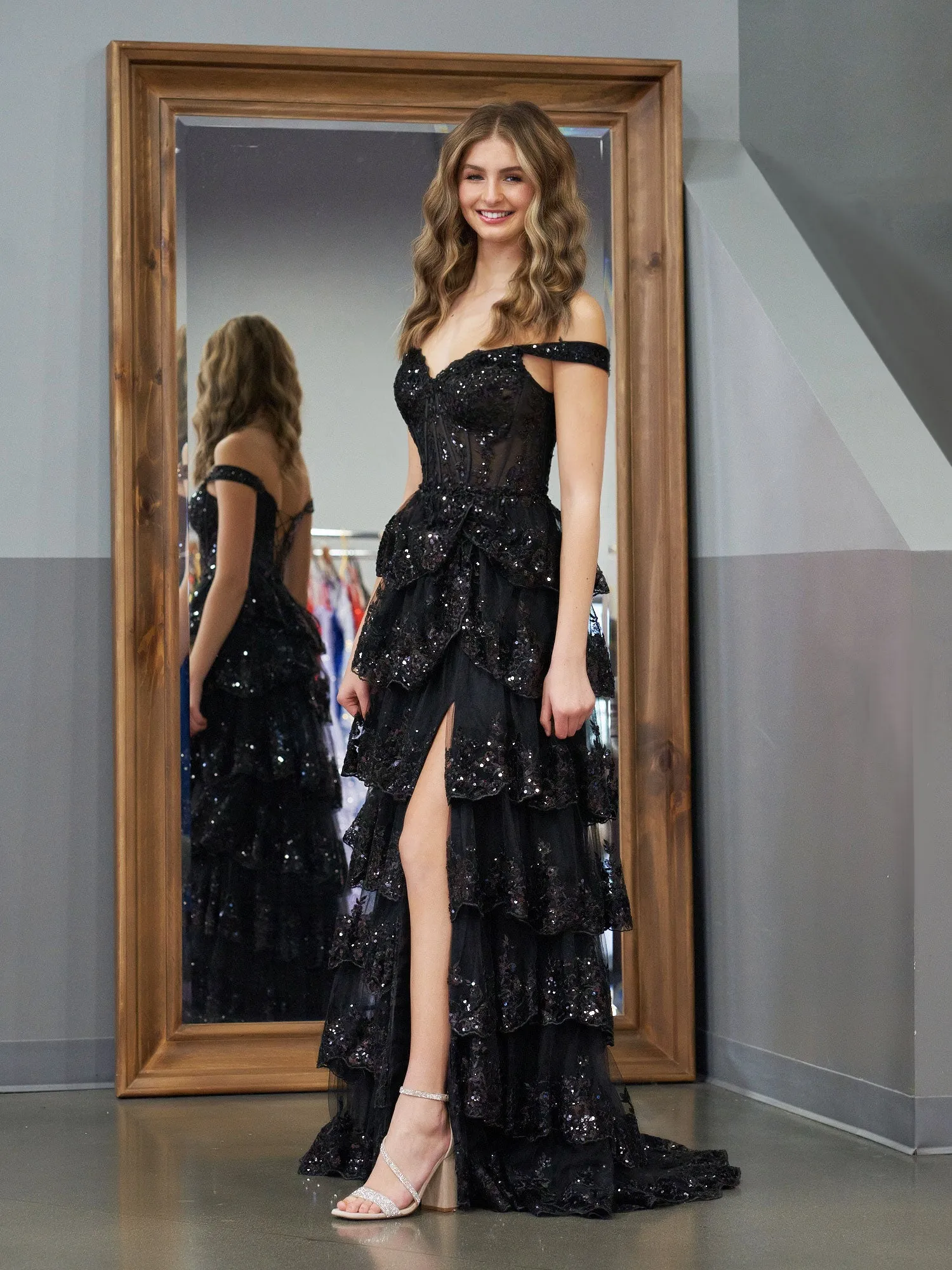 Black Princess A Line Off the Shoulder Corset Prom Dress with Lace Ruffles sold by KissProm product image thumbnail 2