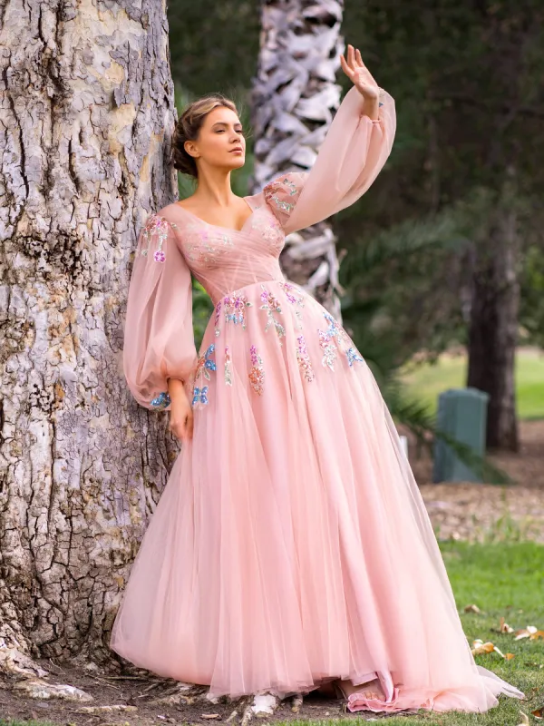 V-neck Embroidery Sequin Floor Length Tulle Prom Dress sold by KissProm