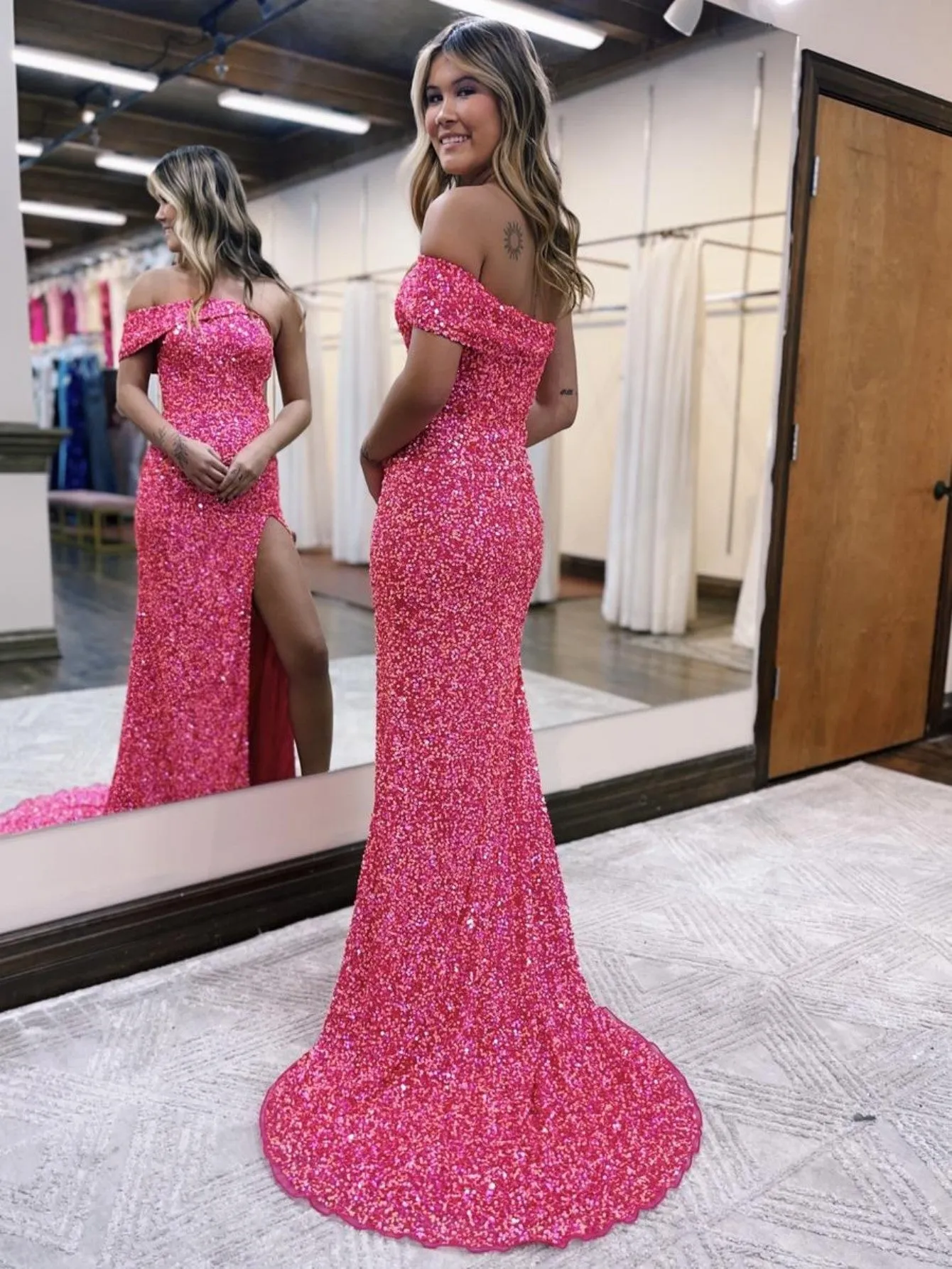 Glitter Mermaid One Shoulder Pink Long Prom Dress With Slit sold by KissProm product image thumbnail 2