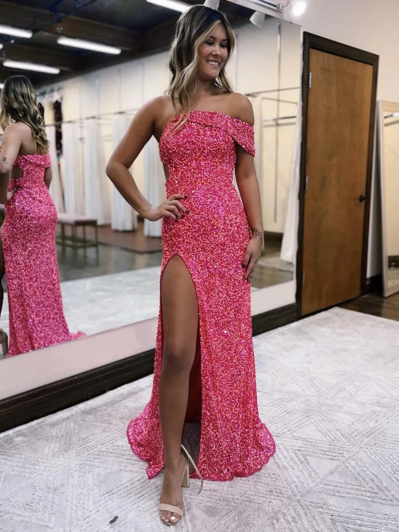 Glitter Mermaid One Shoulder Pink Long Prom Dress With Slit sold by KissProm