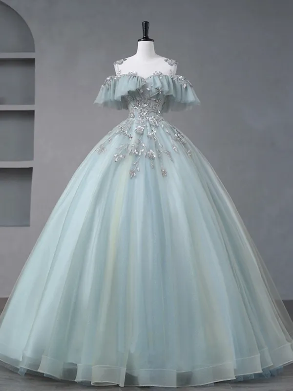 A-Line Blue Tulle sequin Lace Long Lace Sweet Quinceanera Dress sold by KissProm