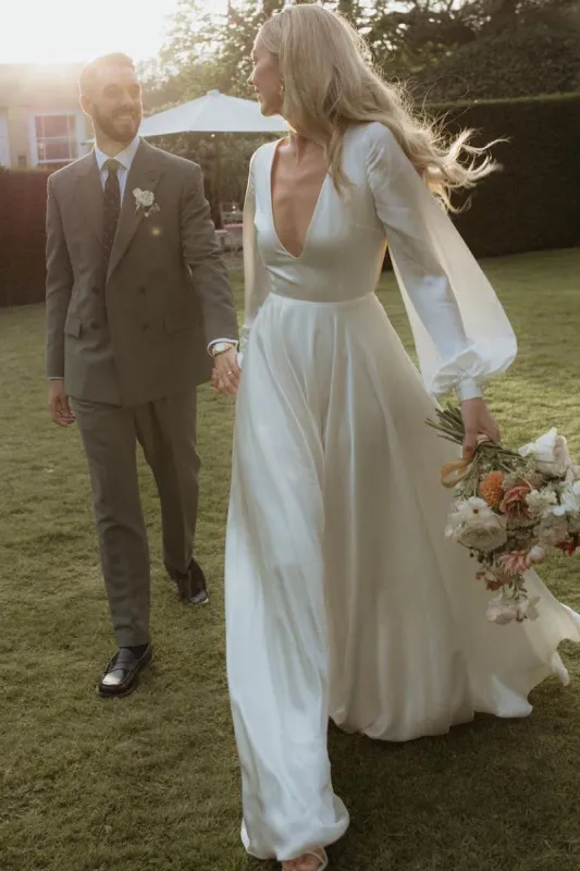 A-Line Long Sleeves Satin Wedding Dresses with V Neck sold by KissProm