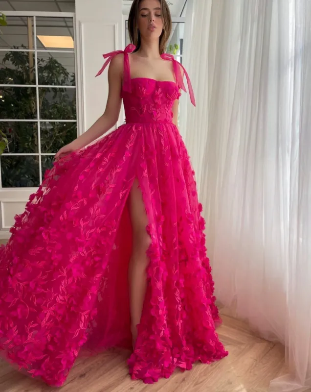 Kayleigh | Fuchsia Elegant A-line 3D Flower Lace Prom Dress With Slit sold by KissProm