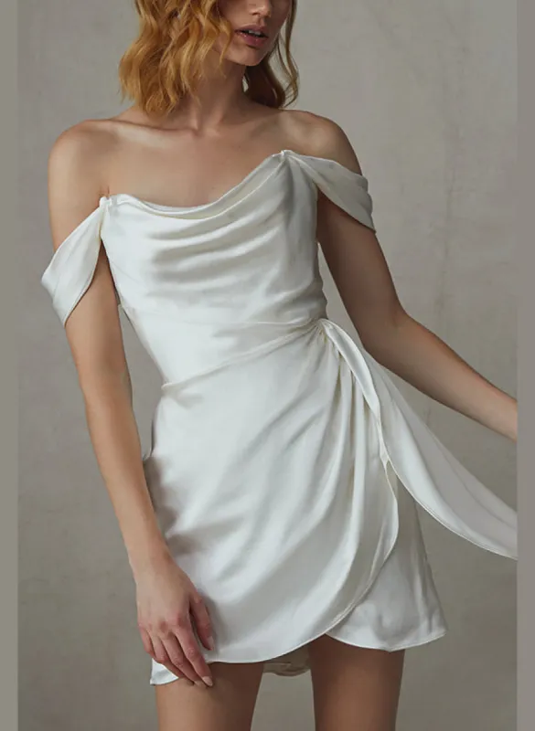 Zephyra | Sheath Off-The-Shoulder Short Mini Silk Like Satin Wedding Dresses sold by KissProm